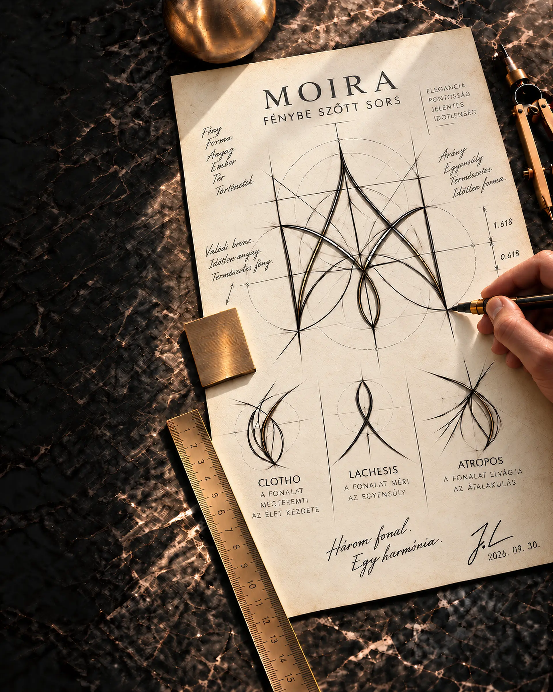 Geometric sketches of MOIRA lighting concepts on drawing paper with a brushed bronze sample.
