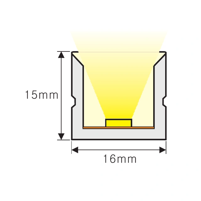 Dimensioned cross-section of NP-T1615 PU Neon Flex, 16 × 15 mm.