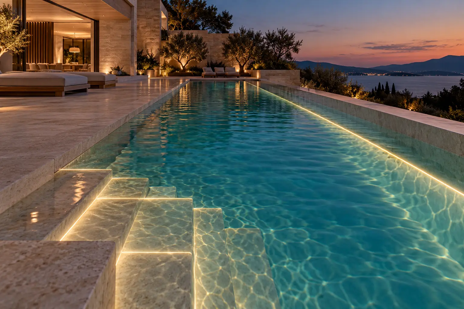 Warm-white Neon Flex lighting outlining submerged pool steps and a pool wall at dusk; concept illustration.