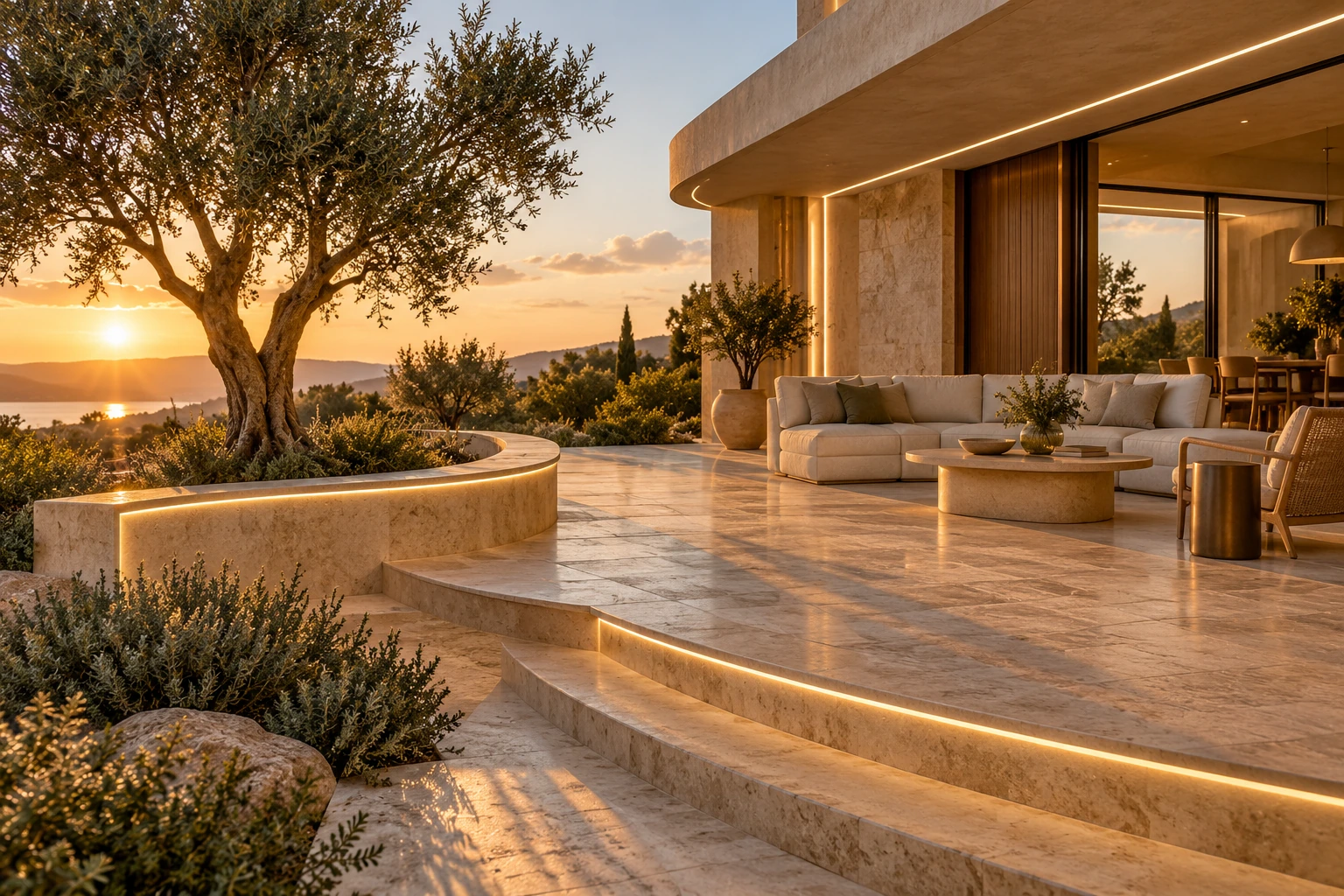 Warm-white Neon Flex lighting along curved terrace steps, a garden wall and a villa facade; concept illustration.