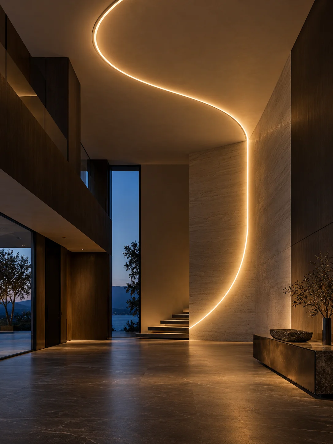Warm-white Neon Flex lighting follows an S-shaped ceiling curve and continues down a travertine wall; concept illustration.