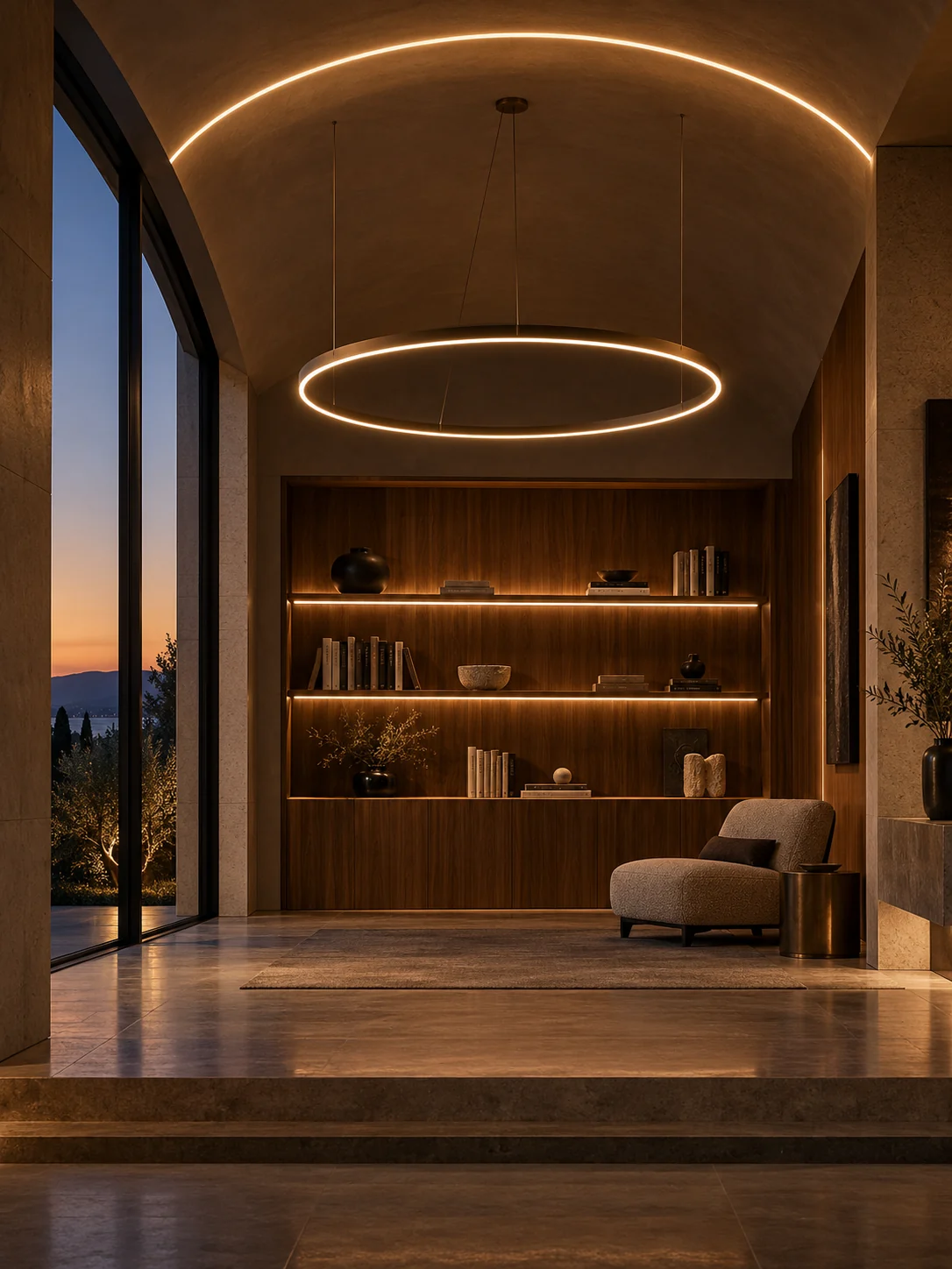 Architectural Neon Flex lighting with a curved ceiling line, a suspended light ring and illuminated walnut shelves; concept illustration.