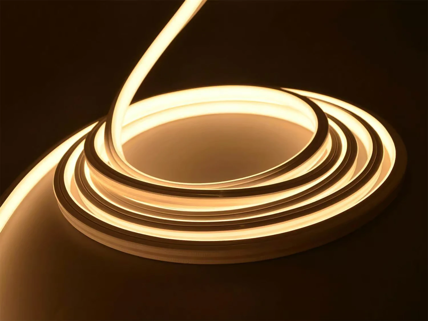 Warm white Neon Flex coiled on a dark background, with a continuous illuminated surface.
