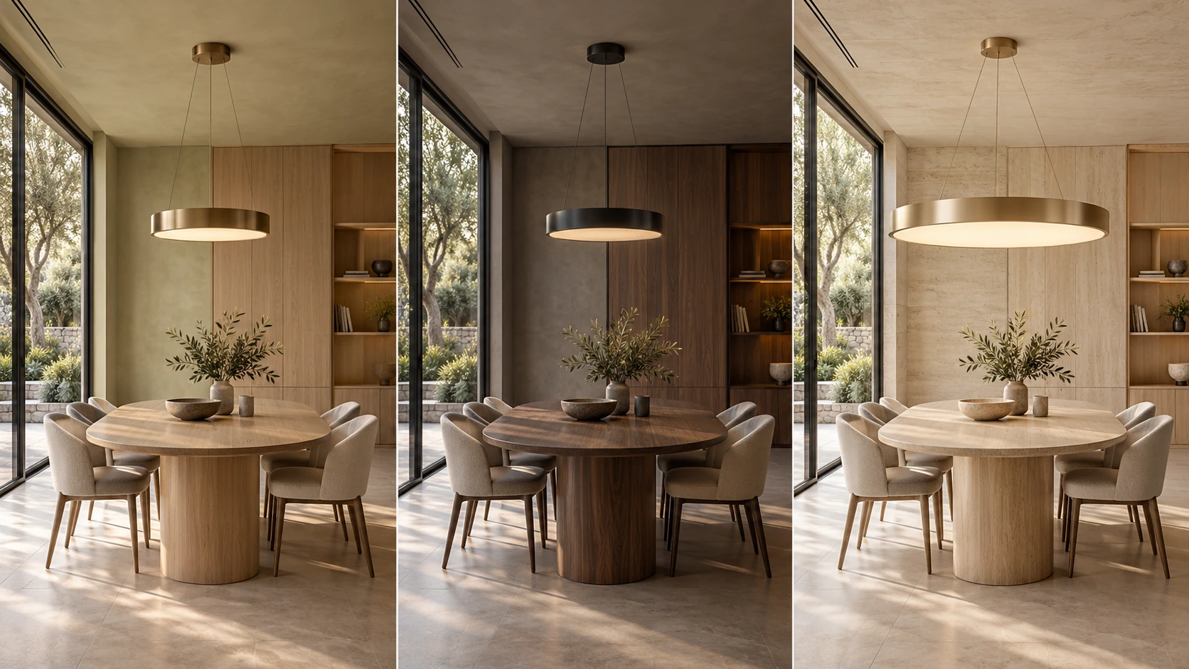 Three AI visualisations comparing pendant finishes and proportions in the same dining interior.