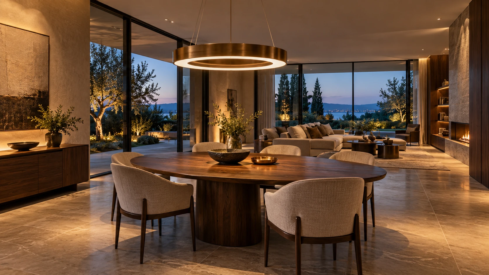 Bronze ring pendant above a dining table in a warmly lit open-plan living room, shown in an AI visualisation.