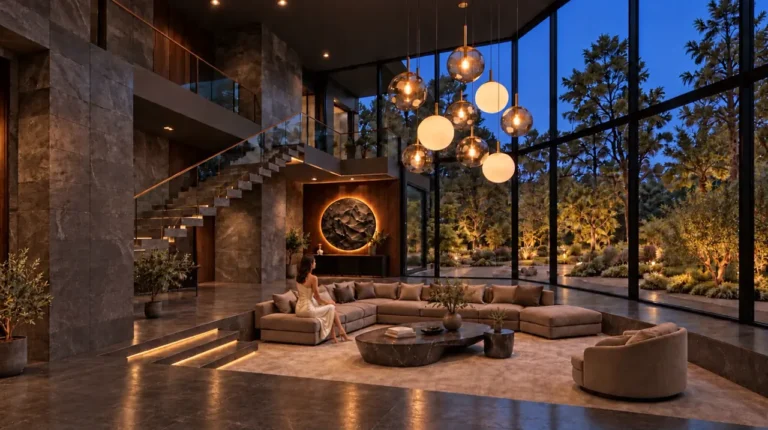 Warm pendant, wall and stair lighting in a double-height living room, with an illuminated garden beyond the glass walls.