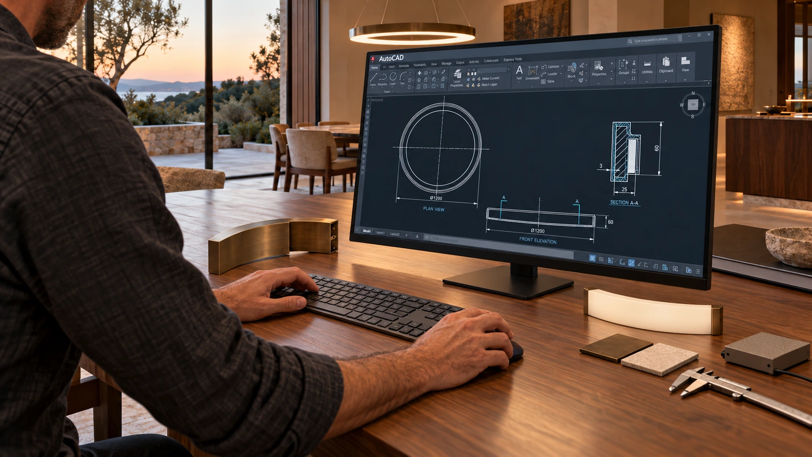 Designer reviewing a ring pendant manufacturing drawing in AutoCAD, with metal and diffuser samples beside the monitor.
