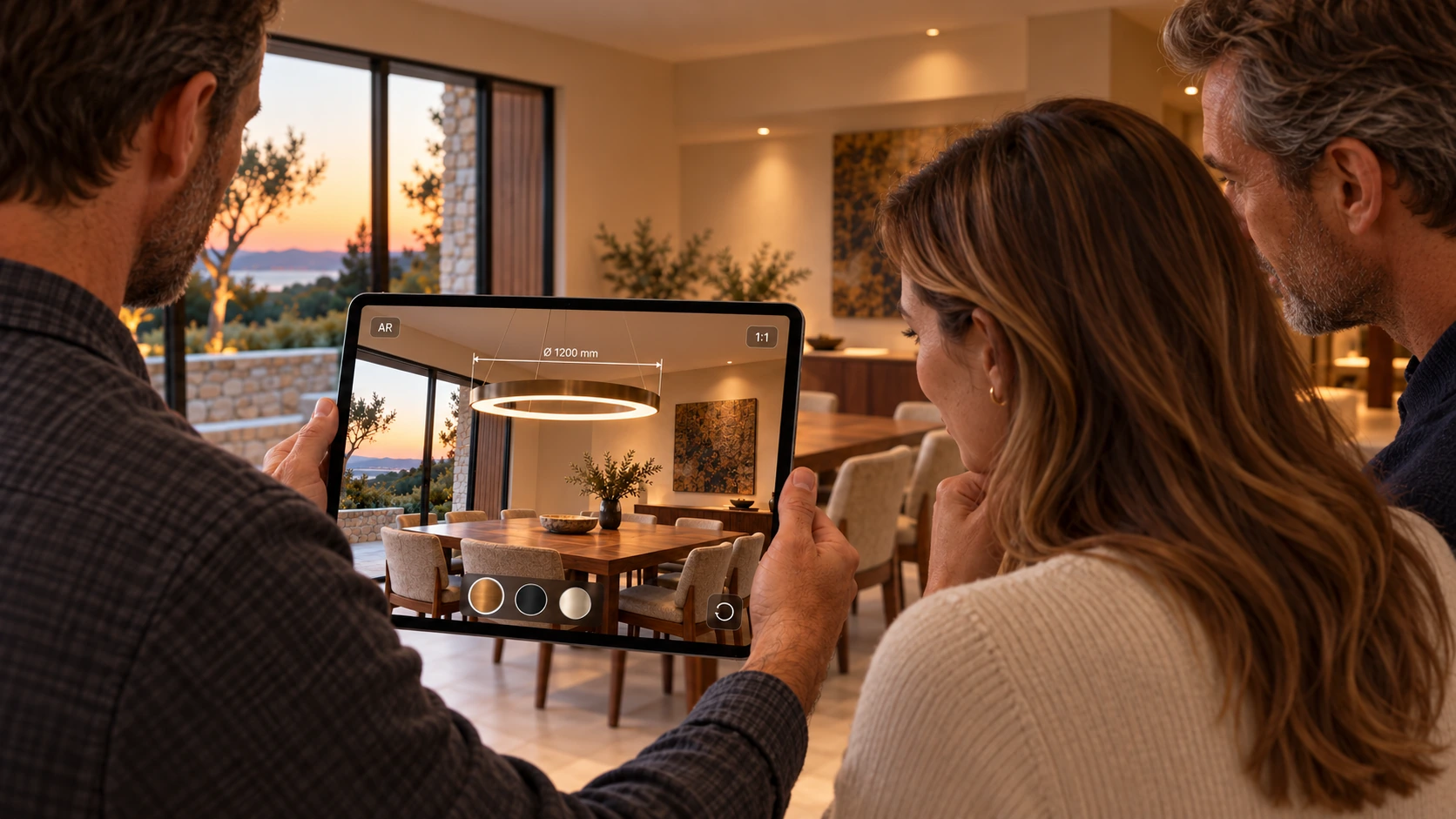 Designer and clients reviewing a bronze ring pendant AR model on an iPad in the intended interior.