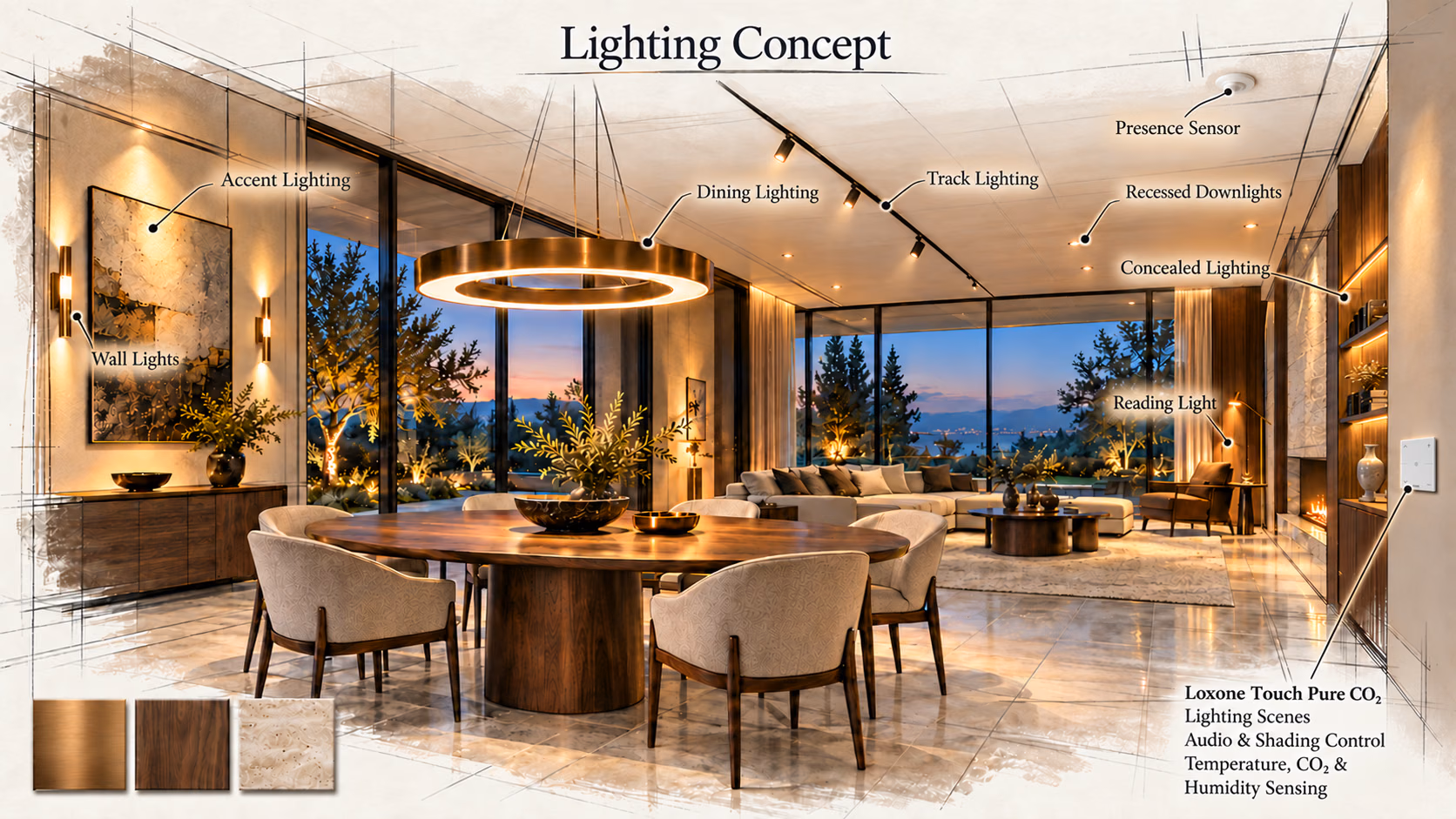 Lighting concept showing dining, wall, track, recessed and concealed lighting, a presence sensor and a Loxone Touch Pure CO₂ control.