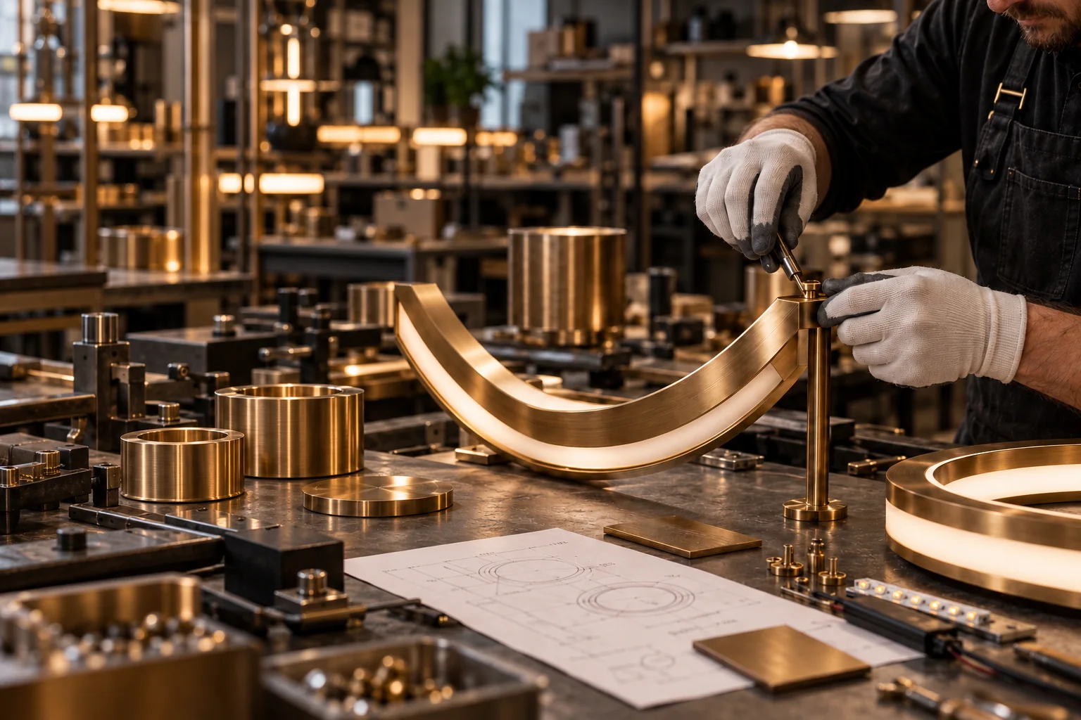 Hand assembly of a brushed bronze LED luminaire in a lighting workshop.