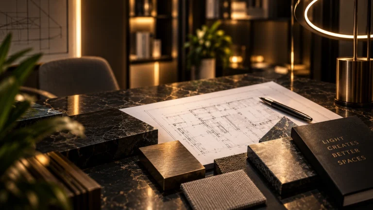 An architectural floor plan, pen and stone, metal and fabric samples beside a warmly lit table lamp.