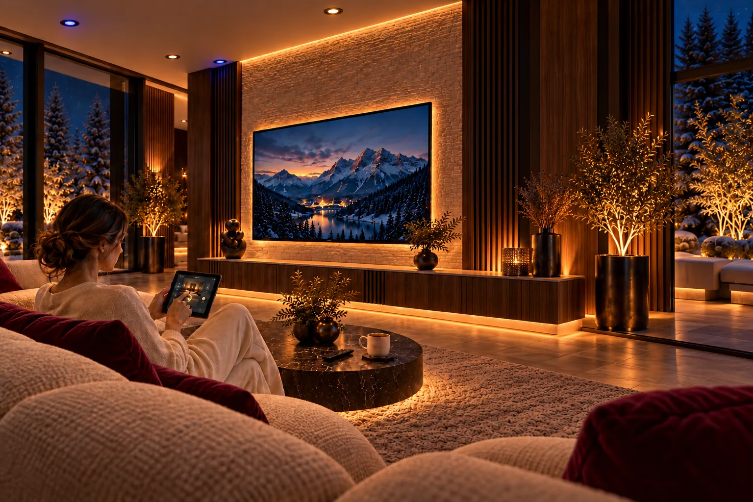 Tablet control of living room lighting with concealed LEDs and warm ambient light.