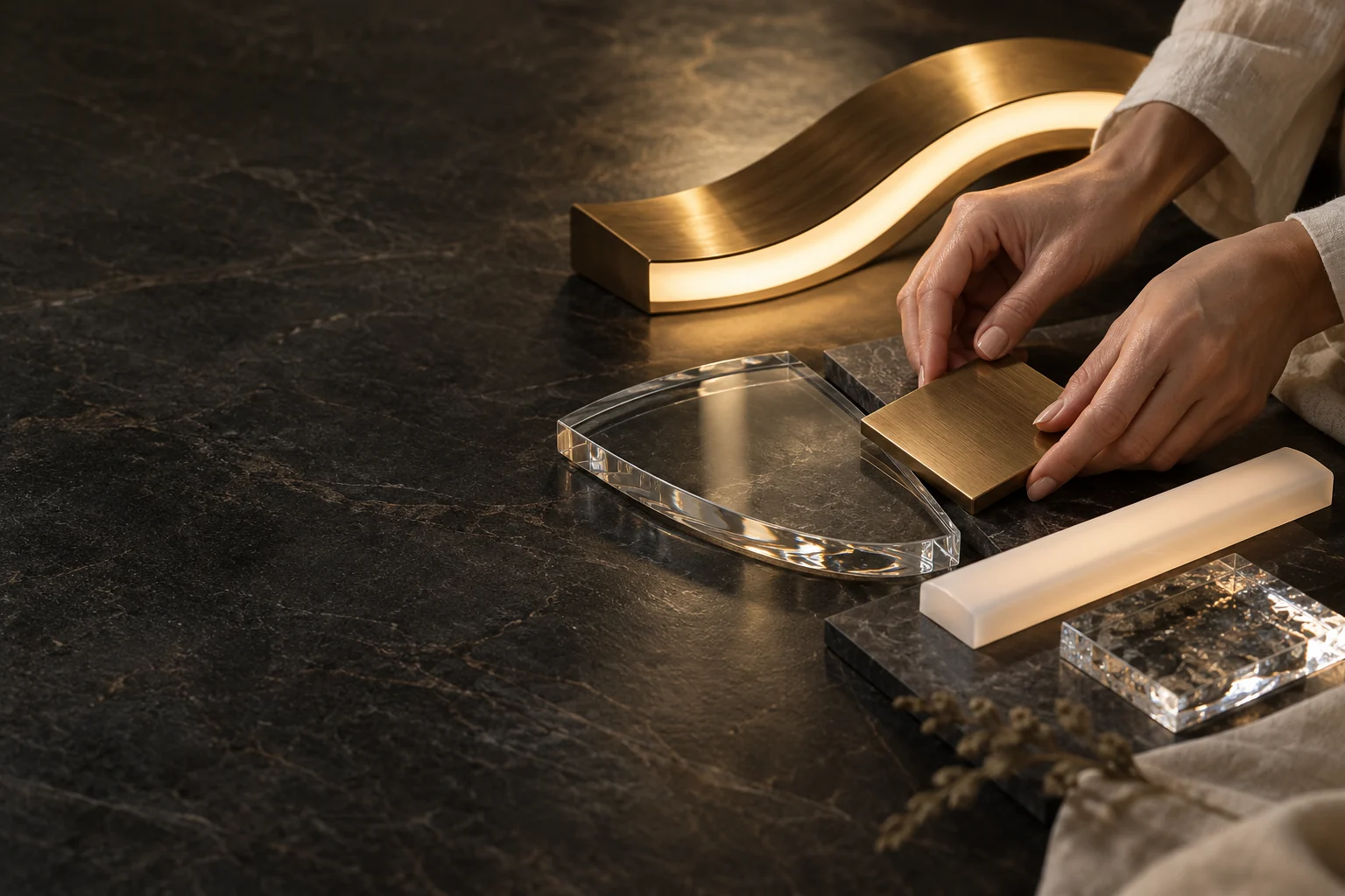 A woman's hands arrange bronze, glass and opal samples beside a warm-lit luminaire.