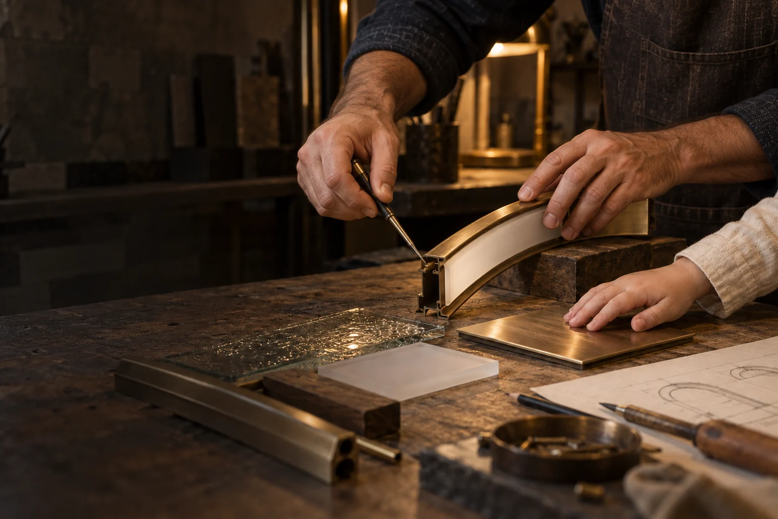 A man's hands assemble a curved bronze luminaire with a screwdriver while a child touches a material sample.