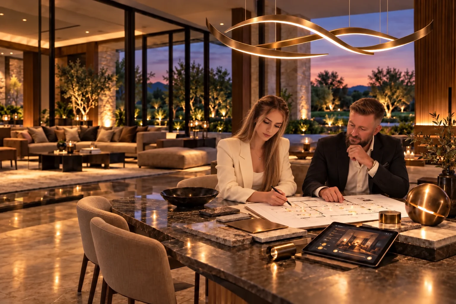 Two people work on a lighting plan at a marble table with material samples and a tablet beneath bronze pendant lights.