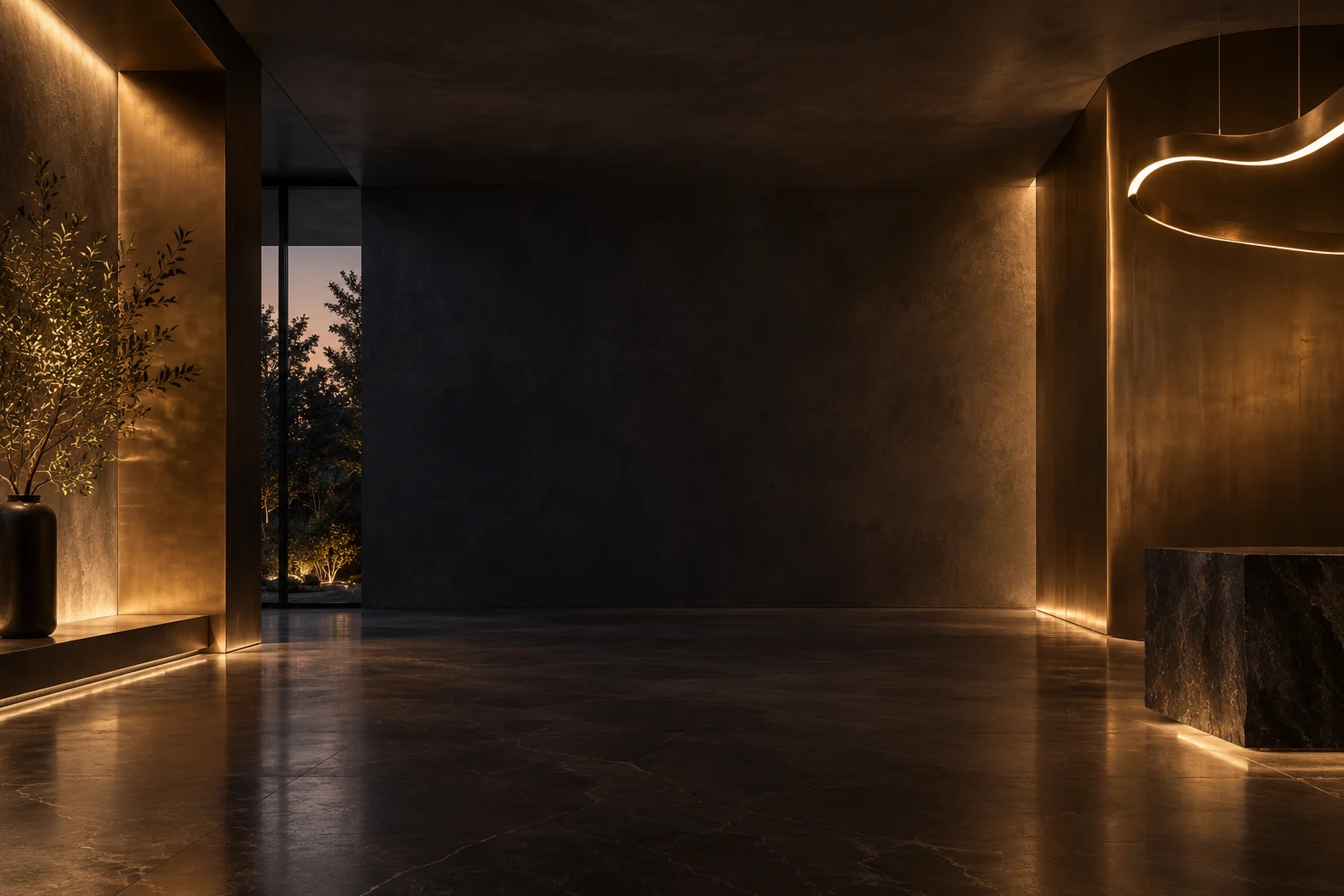 Warm architectural lighting on dark bronze-toned walls, with subtle linear lights and a reflective floor.