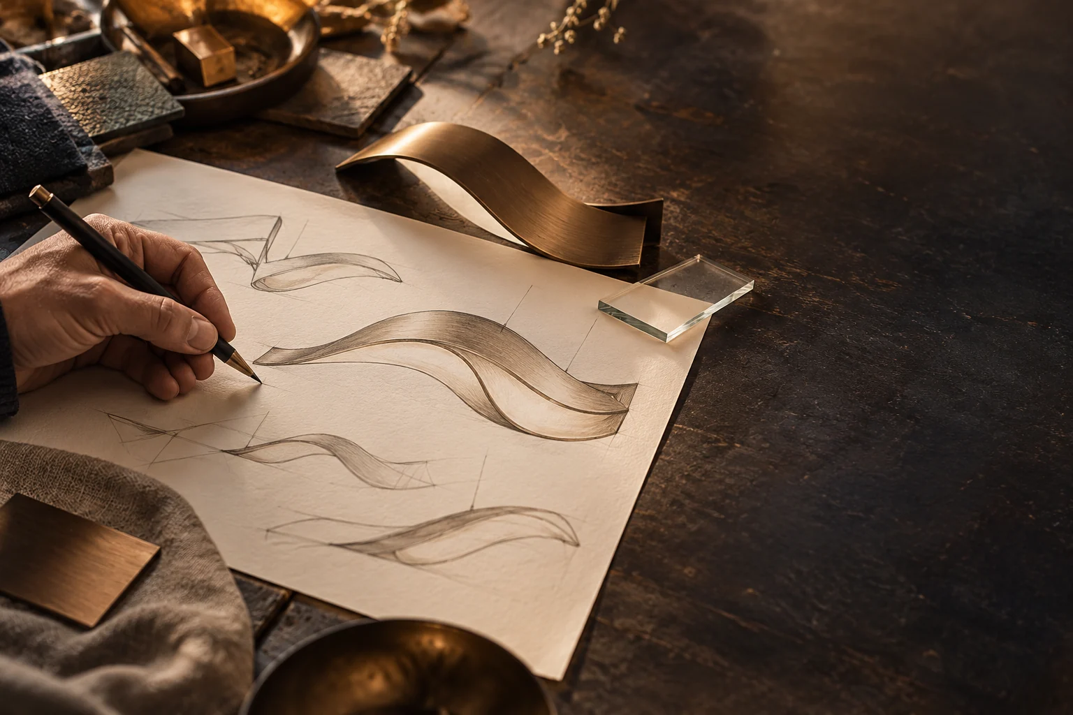A hand draws a curved bronze luminaire on paper beside a structural sample and materials on a workshop table.