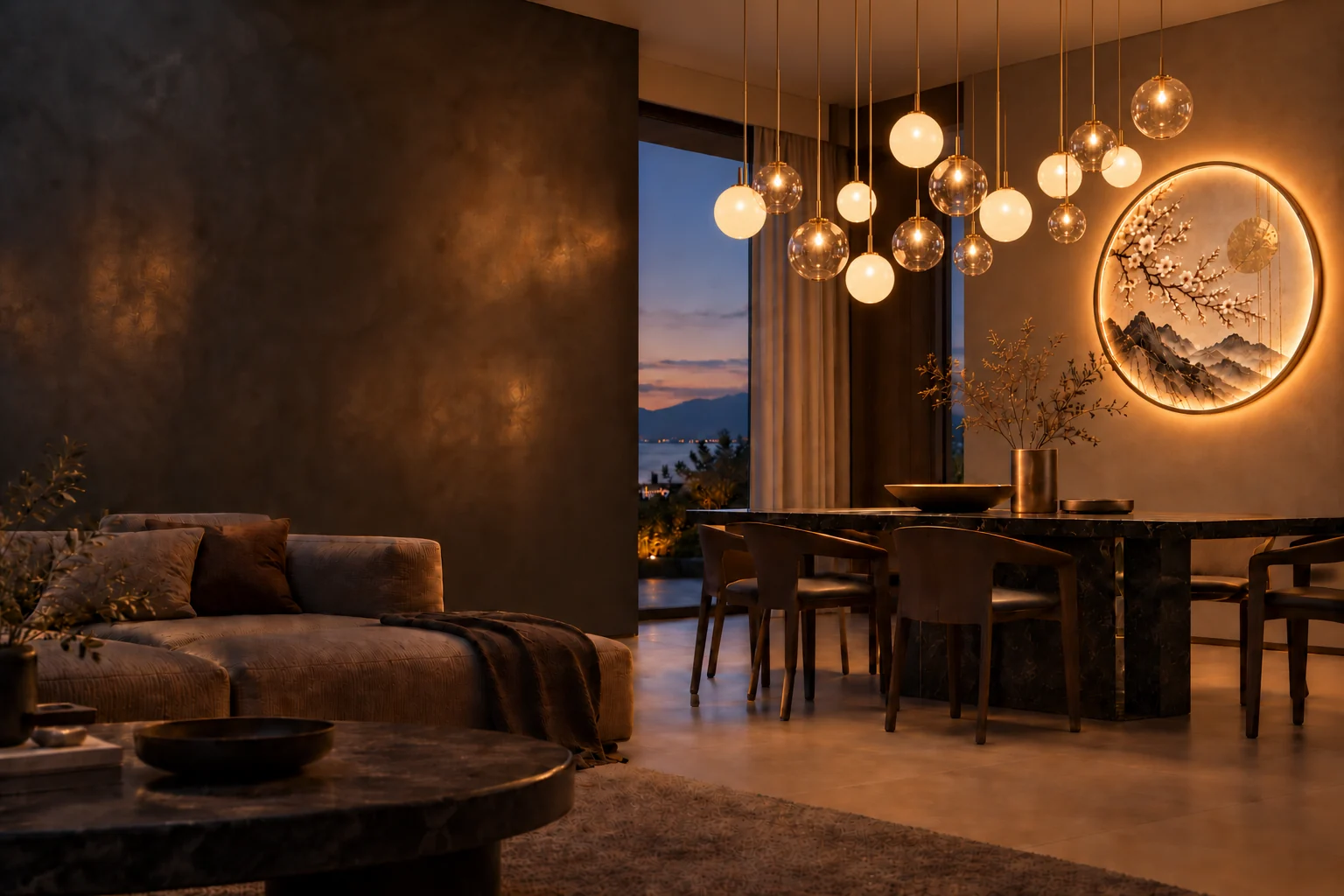 A pendant arrangement of opal and glass globes in a warm-lit dining room with a bronze MOIRA ART wall light.