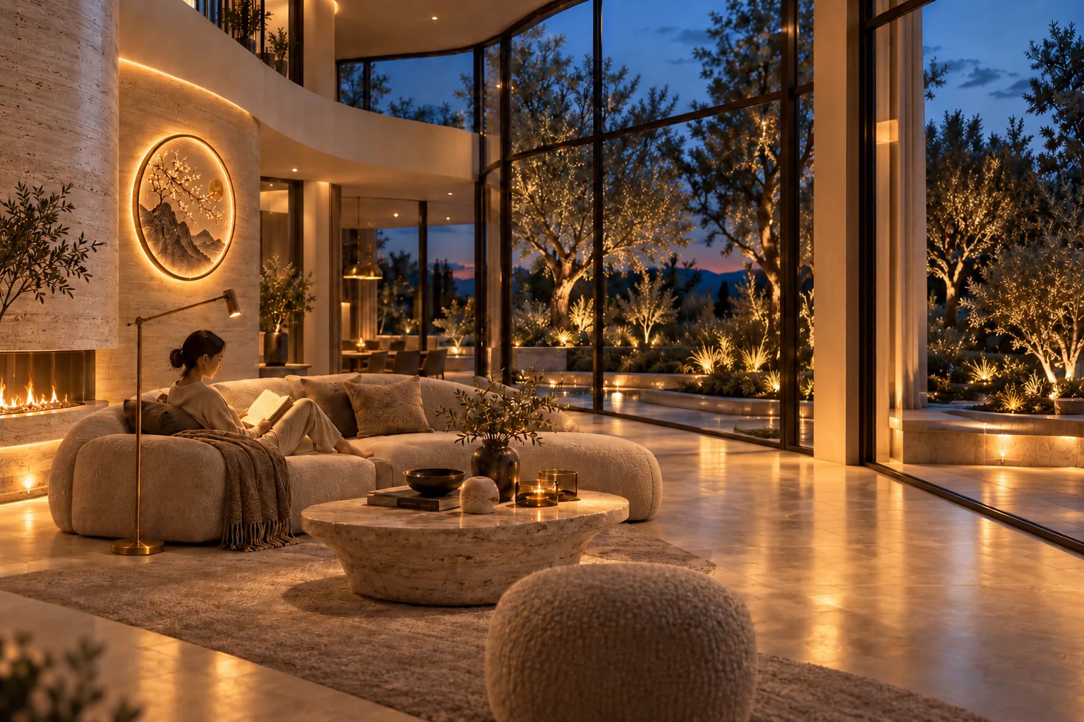 Warm living room with layered lighting, a bronze reading light and a circular MOIRA ART wall light.