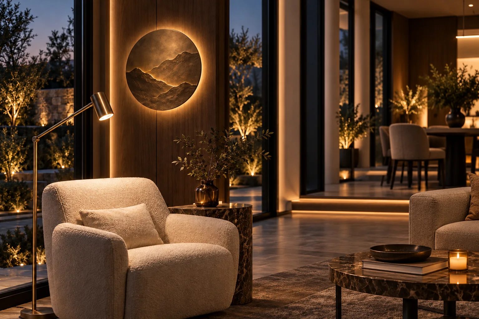 Circular bronze MOIRA ART relief wall light and slender bronze floor lamp in a reading corner.