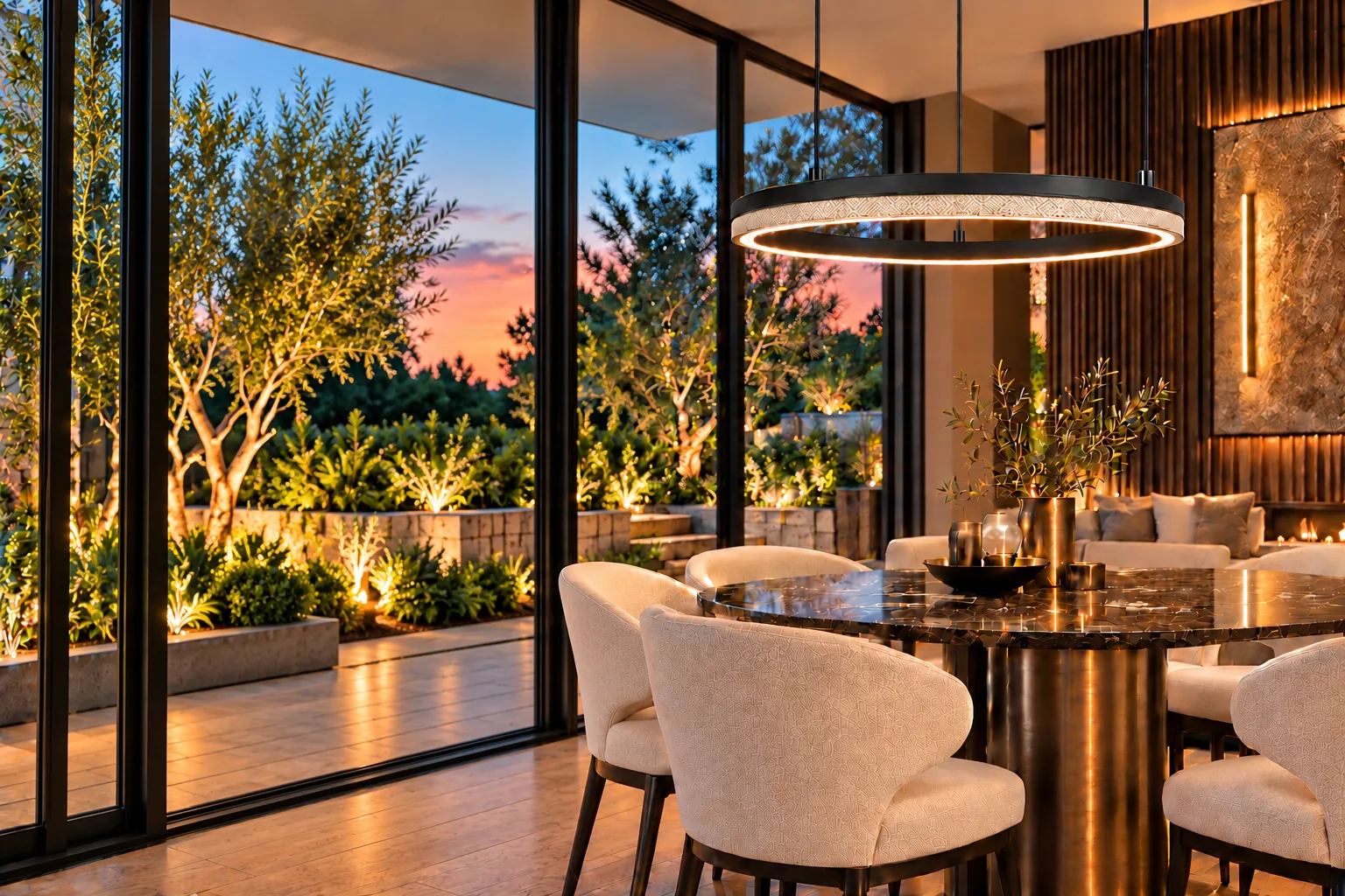 Black textured leather MOIRA LED ring pendant above a marble dining table.