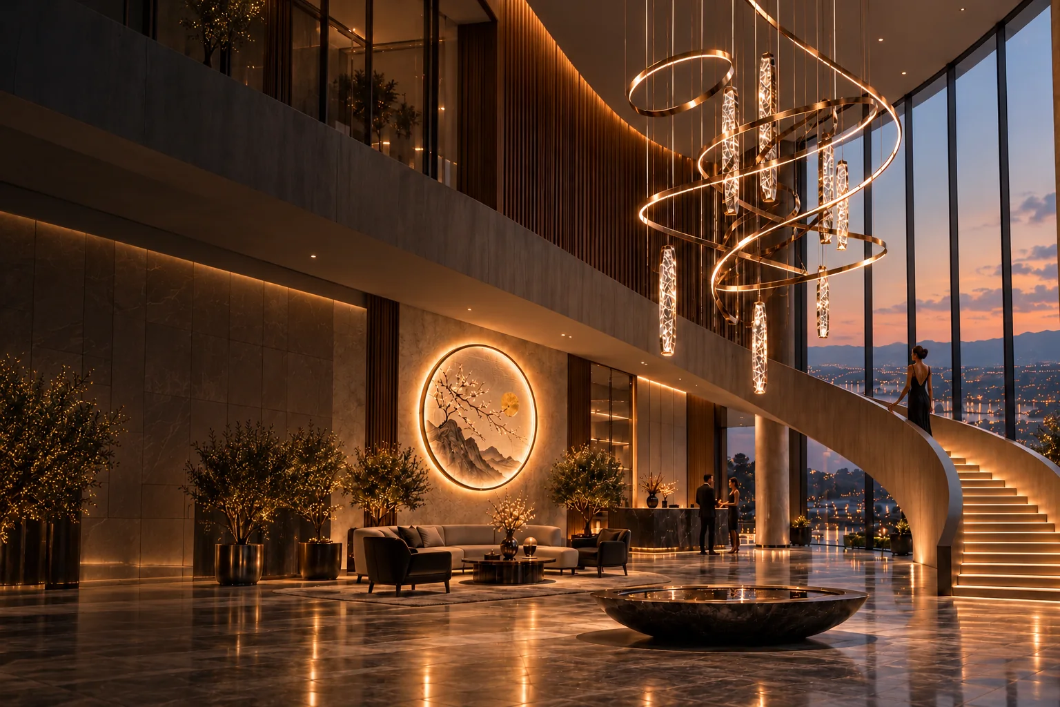 MOIRA bronze crystal chandelier and illuminated circular wall light beside a curved staircase.