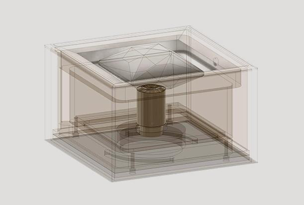 Transparent 3D model showing the housing, faceted crystal and internal components of the MOIRA IRIS crystal spotlight.