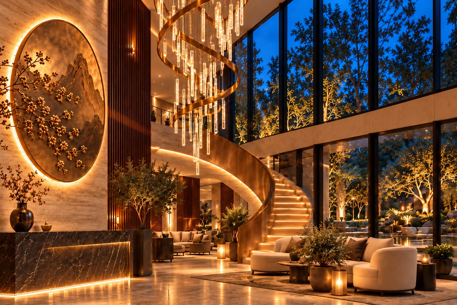 Spiral bronze crystal chandelier, circular MOIRA ART wall light and illuminated curved staircase.